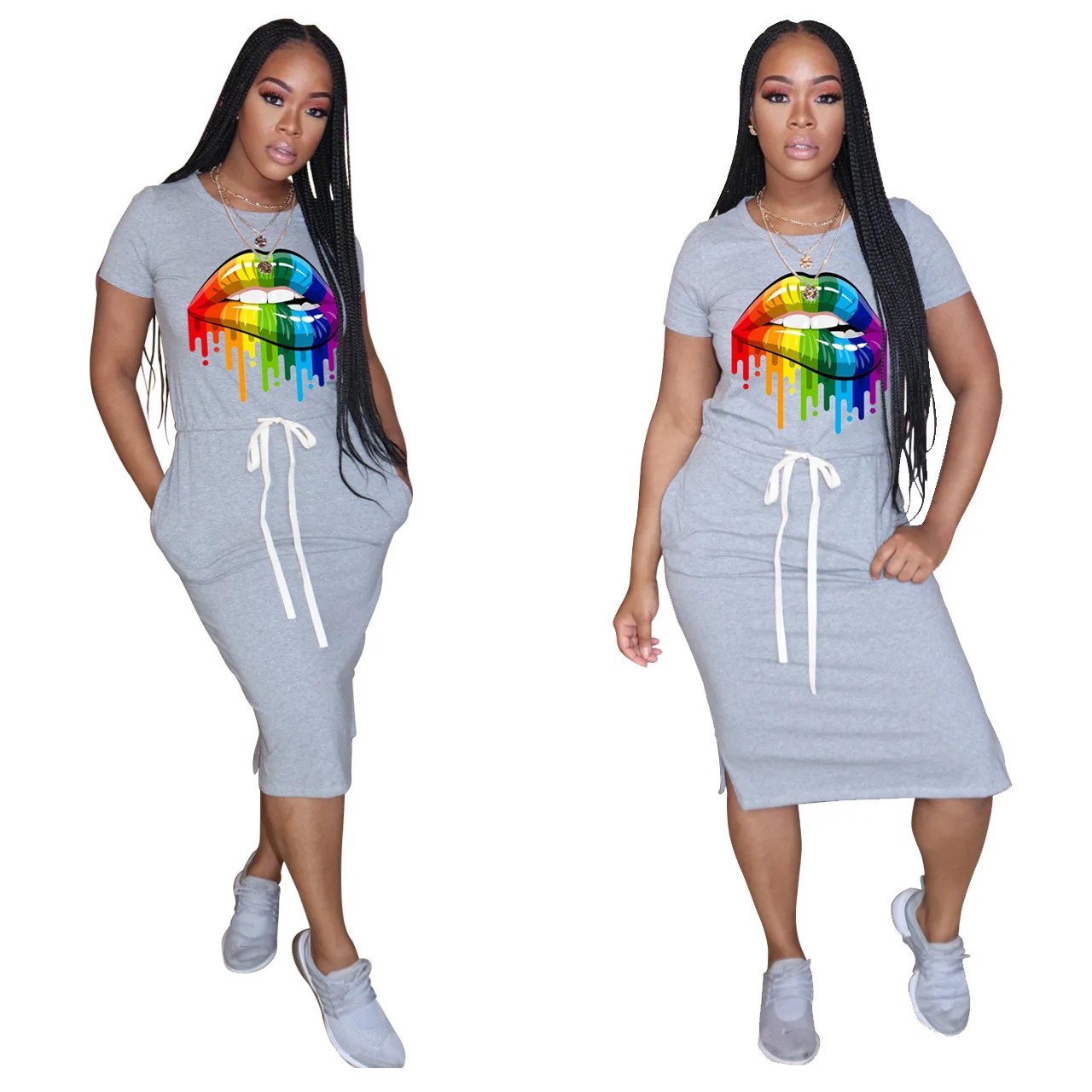 

Women Summer Sexy Plus Size Dress Mouth Lip Letter Print Drawstring Pockets Mid Calf Dress Crew Neck Short Sleeve T Shirt Dress
