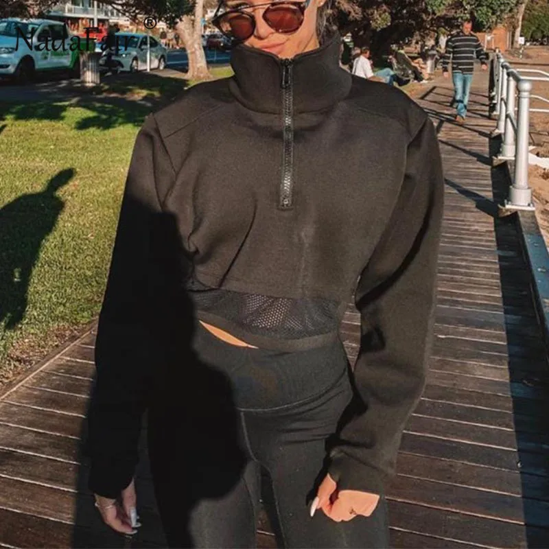 Nadafair уличная черная укороченная толстовка женская на молнии панк сетка с длинным
