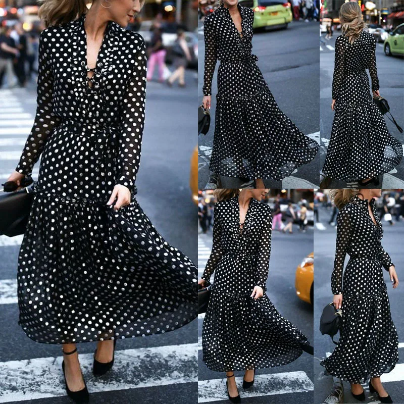 

Skirts 2018 New Brand Women Casual Long Sleeve Casual V-Neck Dot Maxi Skirts Lady V Neck Split Loose Skirts