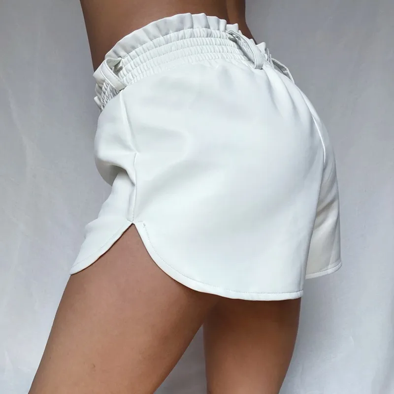 

Cintura alta branco pu shorts feminino solto falso couro runner shorts outono streetwear sexy ampla perna shorts para mulher