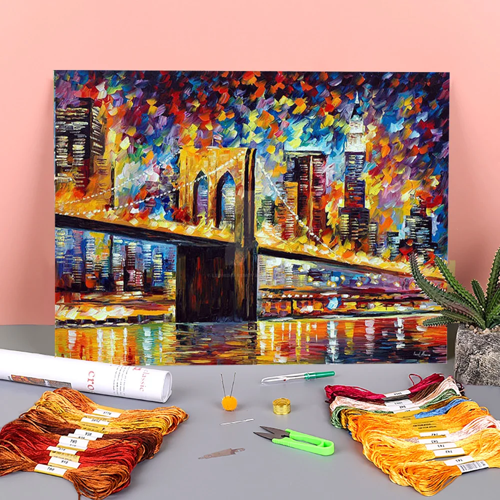 New York Brooklyn Bridge Pre-Printed 11CT Cross Stitch Patterns DIY Embroidery DMC Threads Craft Hobby Painting    Gift