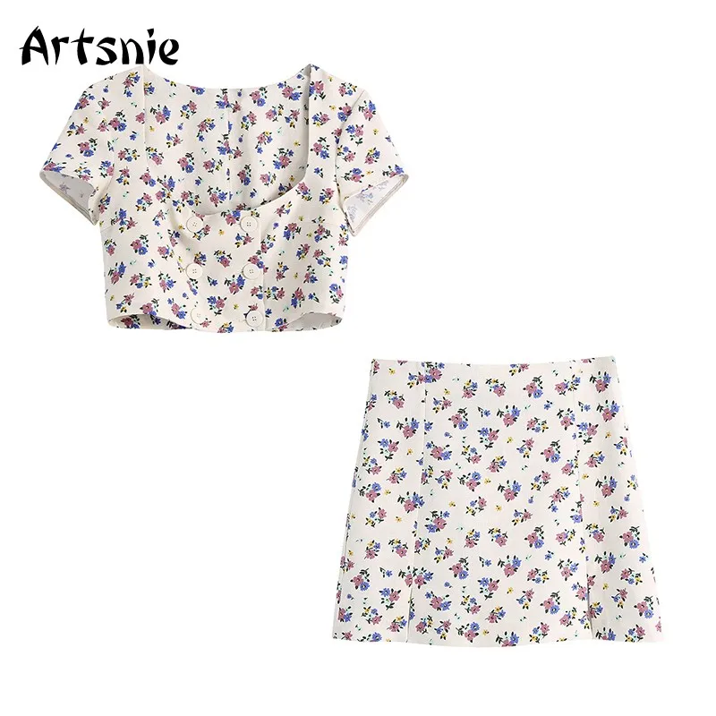 

Artsnie/2021 летний женский спортивный костюм с цветочным принтом, укороченный топ, юбка трапециевидной формы, Женский комплект из двух предметов, винтажные женские костюмы, спортивные костюмы