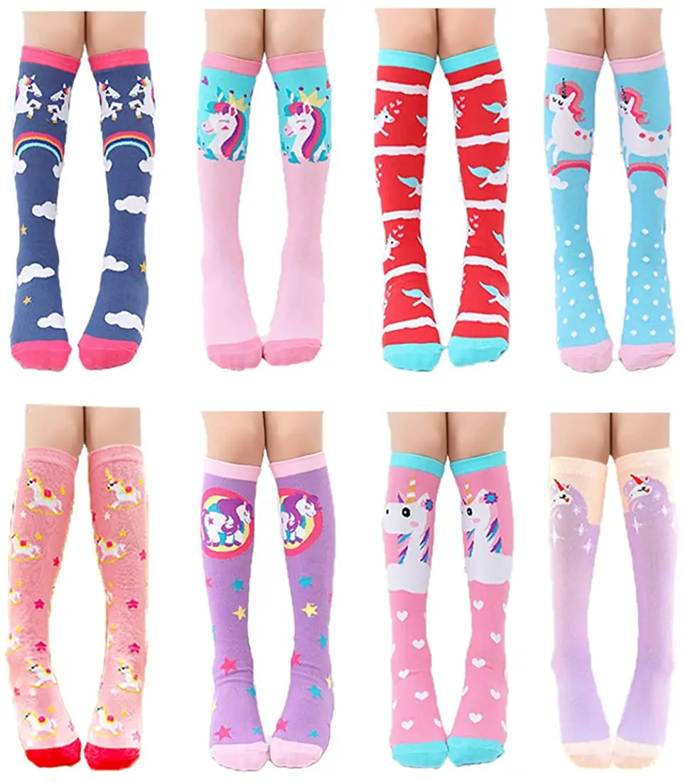 

8 pairs Girl Socks 3-12 Years Old Cotton Knee High Socks Girls Knee High Socks Gifts Cotton Mid Calf Long Boot Socks Stockings