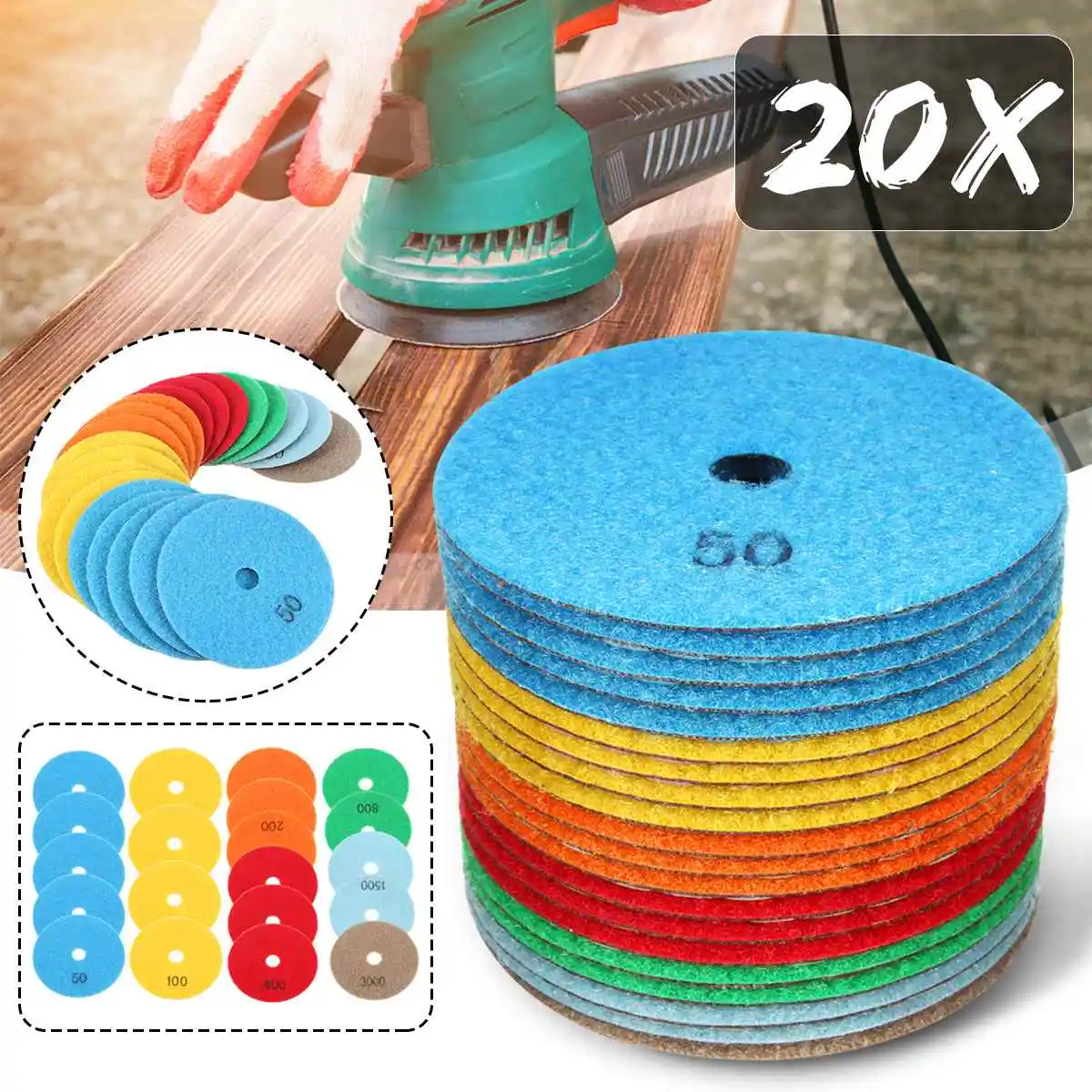 

20Pcs/lot Diamond Polishing Pads Kit 4 inch 100mm Wet/Dry for Granite Stone Concrete Marble Polishing Use Grinding Discs Set