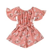 summer kids toddler baby girls clothing casual cotton short sleeve jumpsuit bow fashion floral boat neck bandage rompers
