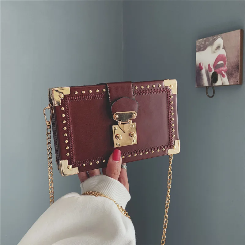 Fashion Vintage Rivet Designer Bag Box Style Buckle PU Women Clutch Bag Chain Purse Shoulder Bag Crossbody Small Flap Handbag