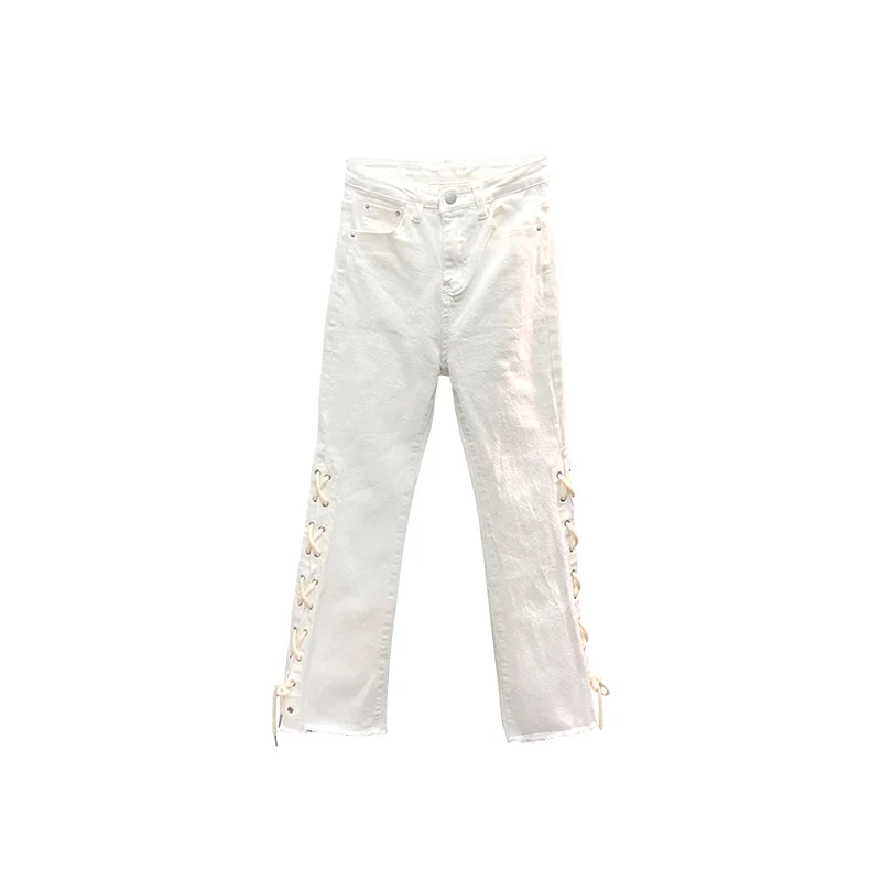 

White Casual Jeans for Women 2021 Autumn Fashion High Waist Baggy Pants Female Rope Straight Skinny Denim Trousers