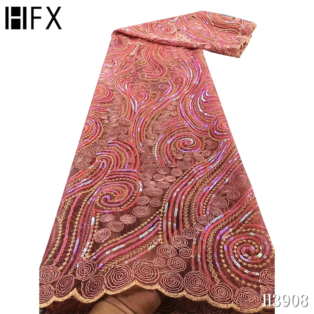 

HFX 2020 High Quality Nigerian Tulle lace fabric Embroidered Mesh Sequin Lace Fabric African French Lace for Wedding Party F3908