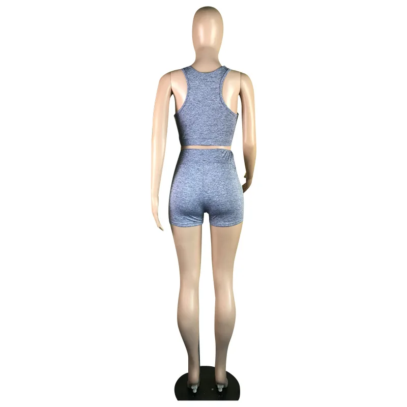 

Wholesale Women Sporty O-neck Sleeveless Crop Top Biker Shorts Two Piece Tracksuit Matching Set Fitness Casual Cotton Outfits