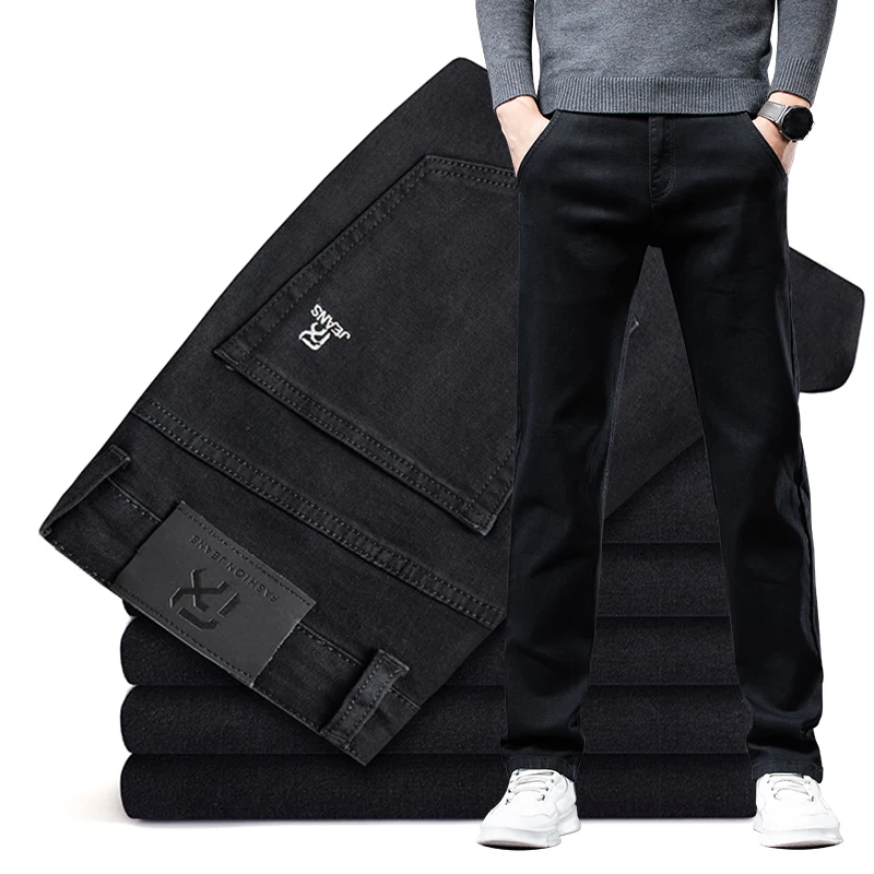 

Men Mid Waist Black Jeans Classic Style Business Casual Stretch Straight Denim Pants Male Fashion Slim Brand Trousers