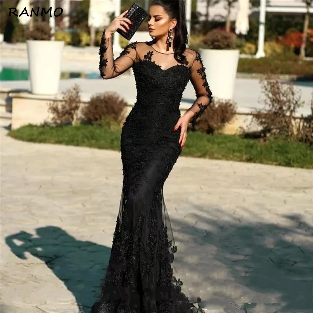 

Sexy Black Mermaid Evening Dresses Full Sleeve 3D Lace Vestido de festa longo Beading Dubai Evening Party Gowns