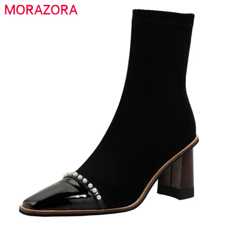 

MORAZORA 2022 Hot Sale Ankle Boots Women High Heels Suede Leather Autumn Winter Boots Stretch Flock Pearl Zip Dress Shoes Lady