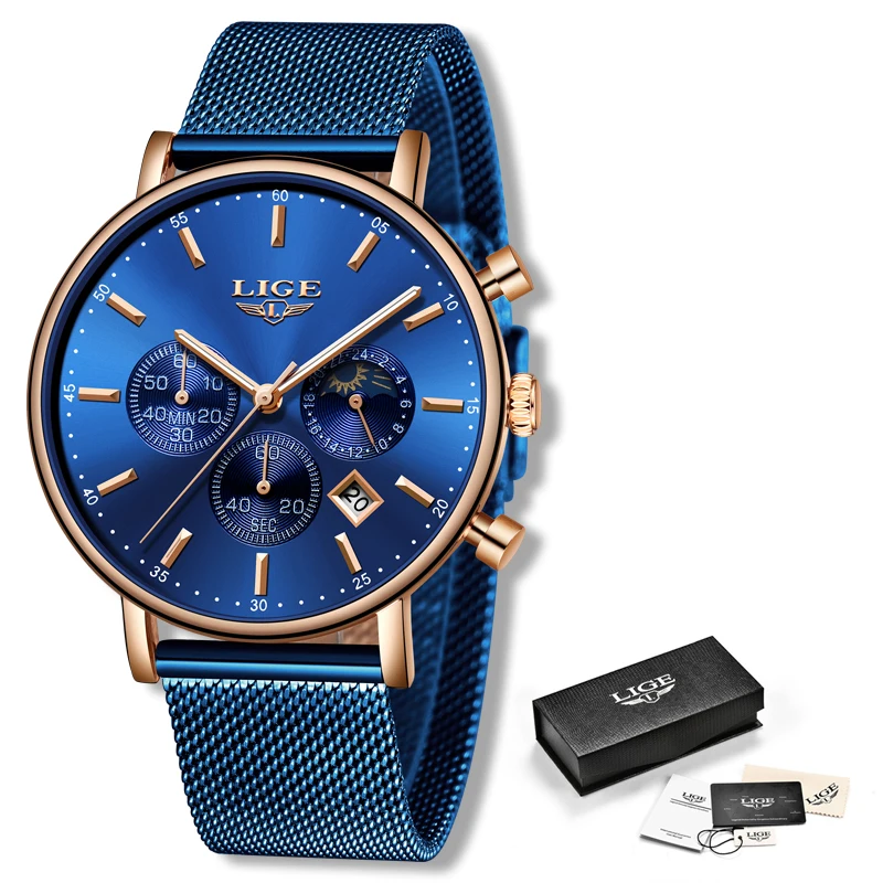 

LIGE Women Fashion Blue Quartz Watch Lady Mesh Watchband High Quality Casual Waterproof Wristwatch Moon Phase Clock Women Watch