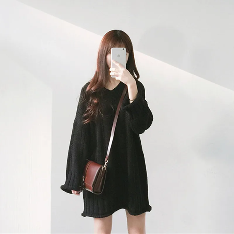 Мода 2019 женский осенне-зимний длинный свитер пуловеры платье повседневные