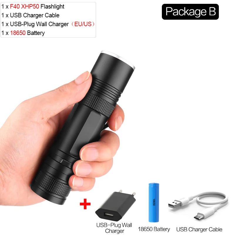 Мощный светодиодный фонарь XHP70.2, фонарь с подзарядкой через USB, масштабируемый светодиодный фонарь XHP70 XHP50, фонарик с батареей 18650 - Испускаемый цвет: Package B