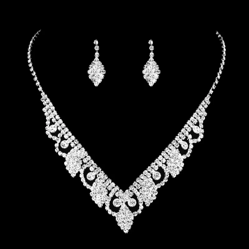 

CASHOU79 Hollow Leaf Shiny Set Bride Crystal Zircon Necklace Earring Set Chain Wedding Jewelry