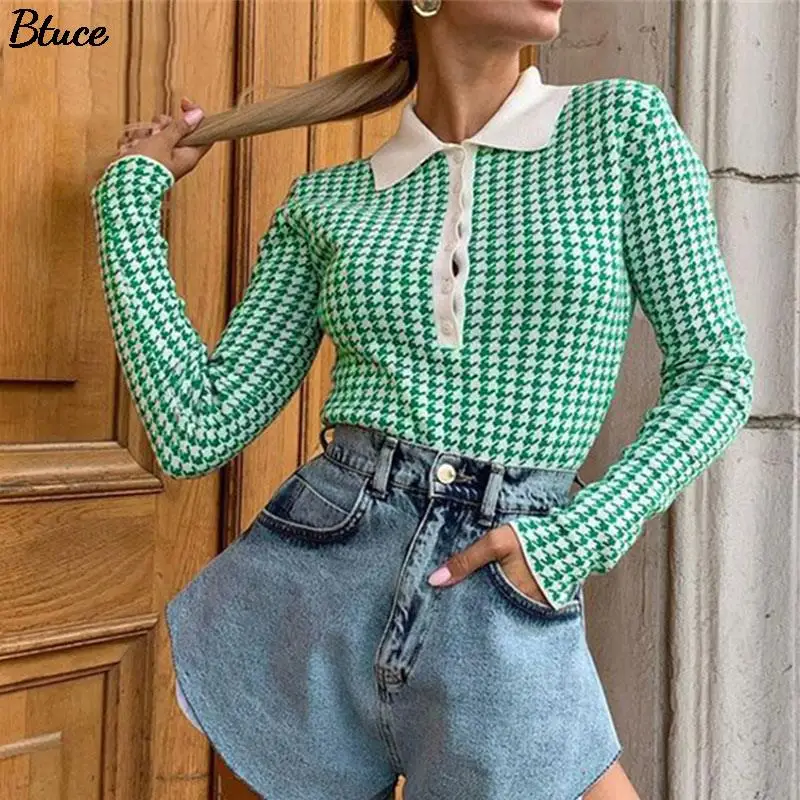 

Women's Houndstooth Buttons Knitted Bodysuits Female Polo Collar Long Sleeve Sweater Playsuits Elegant 2022 Autumn Fashion