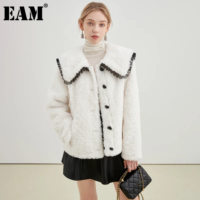 

[EAM] Loose Fit Lambswool Big Size White Jacket New Lapel Long Sleeve Women Coat Fashion Tide Autumn Winter 2022 1DE5943