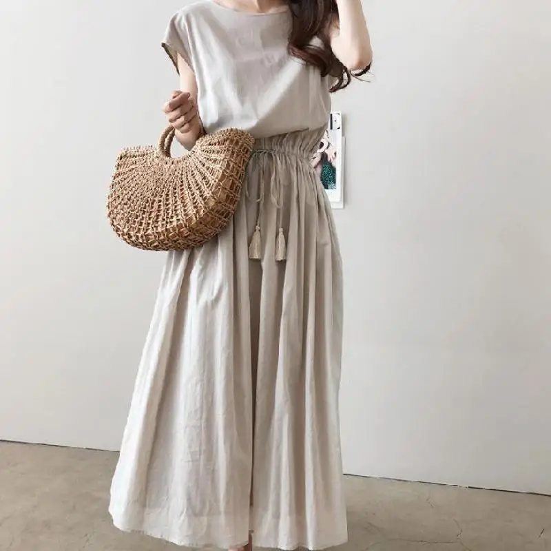 

2021 Summer New Arrival Elastic High Waist Slimming Simple Literary Big Swing Skirt Loose Casual Women Long Skirt Free Shipping