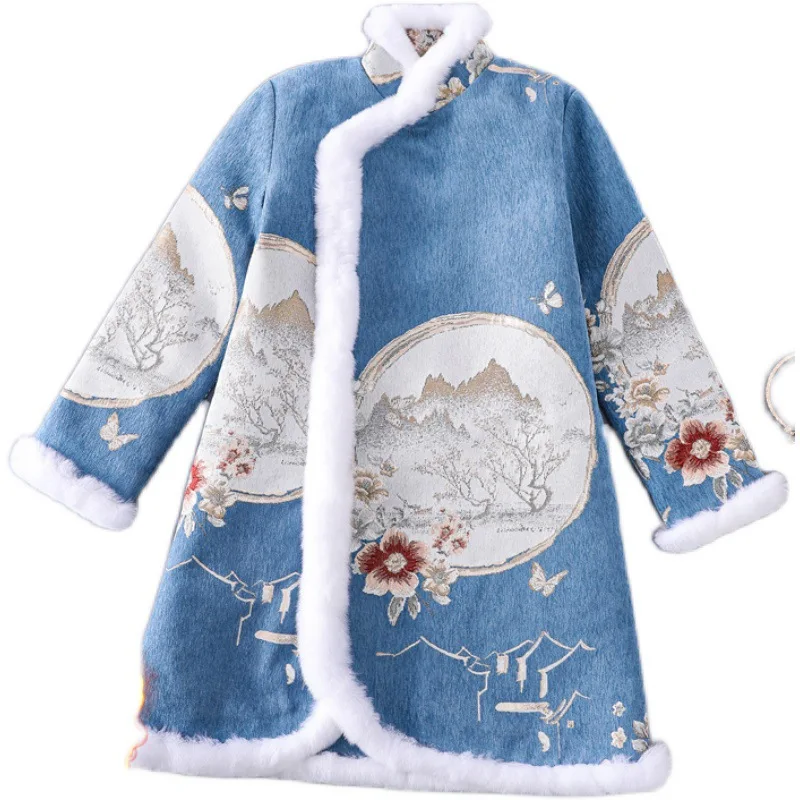 

2020 Winter New Retro Chinese Style Improved Cheongsam Coat Thick Warm Imitation Rabbit Hair Cotton Wool Girl Jacket