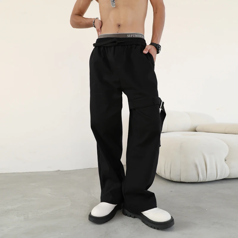 Men's Cargo Straight Pants Spring And Autumn New Personality Strap Button Design Urban Youth Hip Hop Style Loose Large Pants