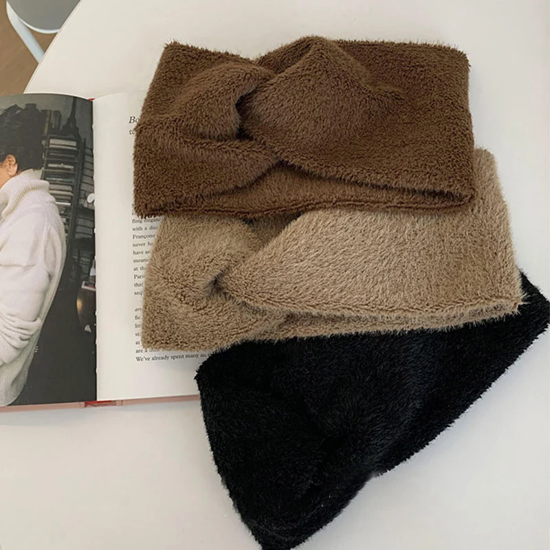 

Korean Style Headband for Women Woolen Plush Cross Mink Fur Headbands Elastic Headband Fluffy Bow Hair Band Hair Accessories