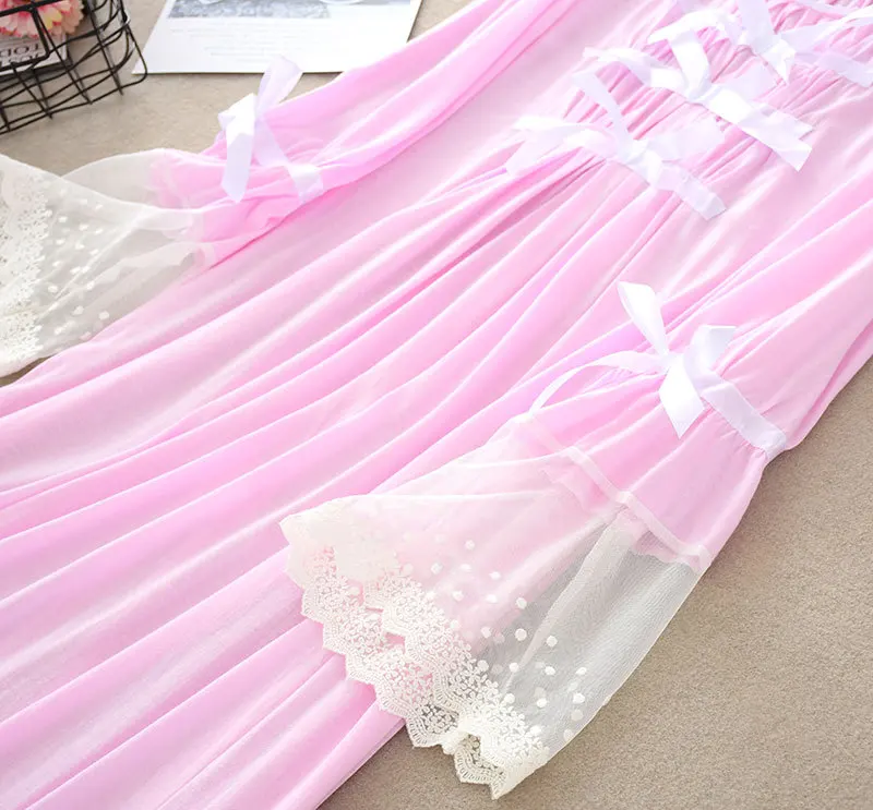 

Spring Summer New Cotton Thin Nightdress Women Splicing Lace Full Sleeve Round Neck Long Ladies Nightgown Soft Sleep Dress Y971