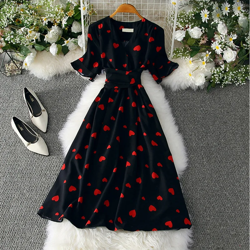 

Summer Women Black Cherry Printed Dress with Sashes V-Neck Flare Sleeve Cottagecore Dress Korean Fashion Elegant Pink Love Robe