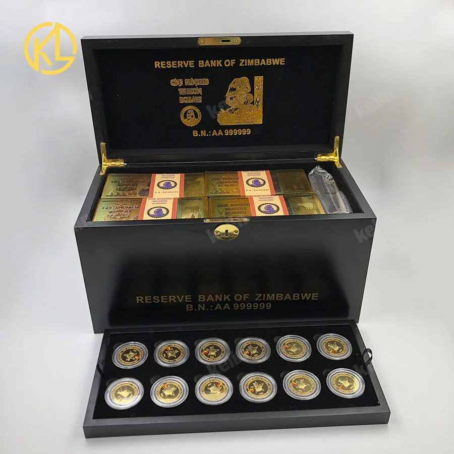 1200pcs with 24 coin 1200 шт./лот сто триллионов долларов/Золотая банкнота Зимбабве в черной деревянной коробке около 5-7 дней - Цвет: 1200pcs with 24 coin