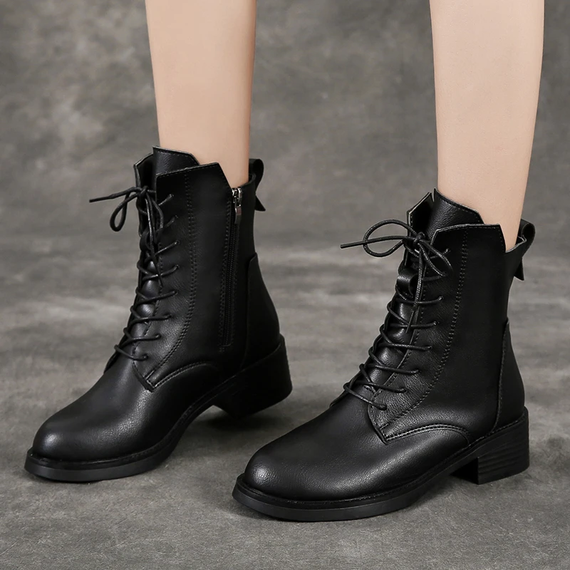 

Black Leather Boots Lace Up Round Toe Shoes for Women Ankle Boots Autumn Winter Shoes Comfortable 2022 Fashion Boots for Women