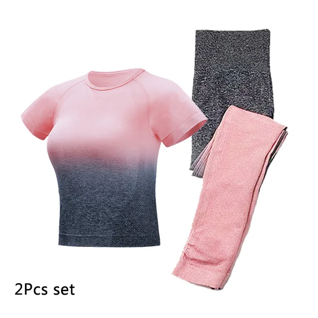Short sleeve Gray 2 шт., бесшовный комплект для йоги, женский спортивный комплект с эффектом омбре, спортивная одежда для тренировок, Топ с длинным рукавом для фитнеса+ леггинсы для попки - Цвет: Short sleeve Gray