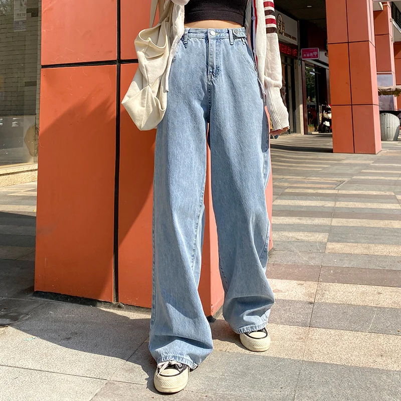 

Mulher de brim cintura alta roupas perna larga denim azul streetwear vintage qualidade moda harajuku