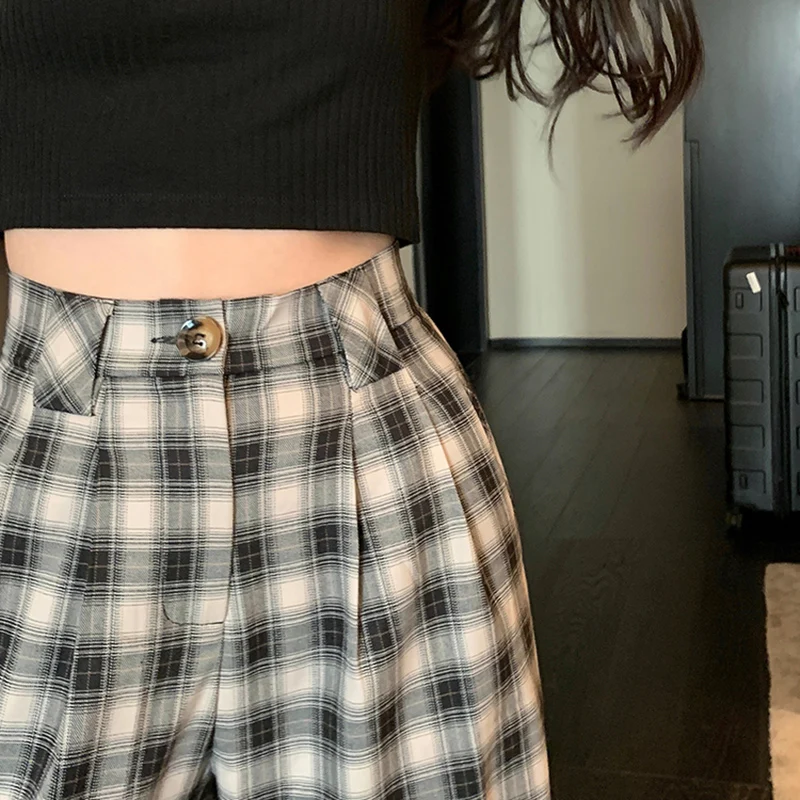 

NEW Pants Women Plaid Button High Waist Ulzzang Street Stylish Full Wide-leg Retro Womens Trousers Loose Classic Fashion Sexy La