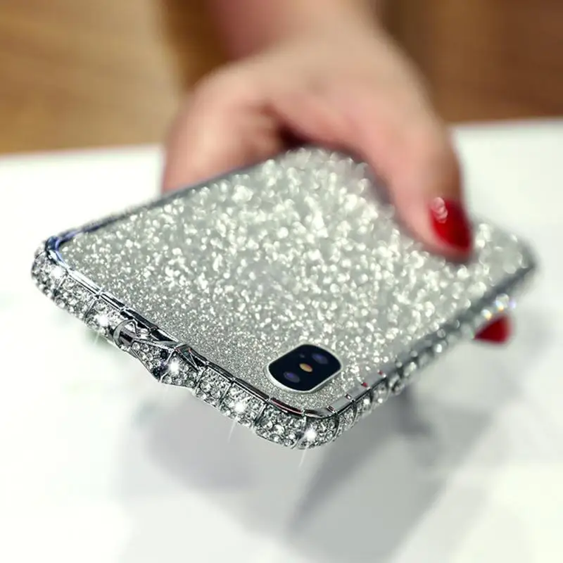 

Glitter Rhinestone Shell Cover for IPhone 6 6s 7 8 Shockproof Simple Female Model Diamond Frame Metal Mobile Phone Case