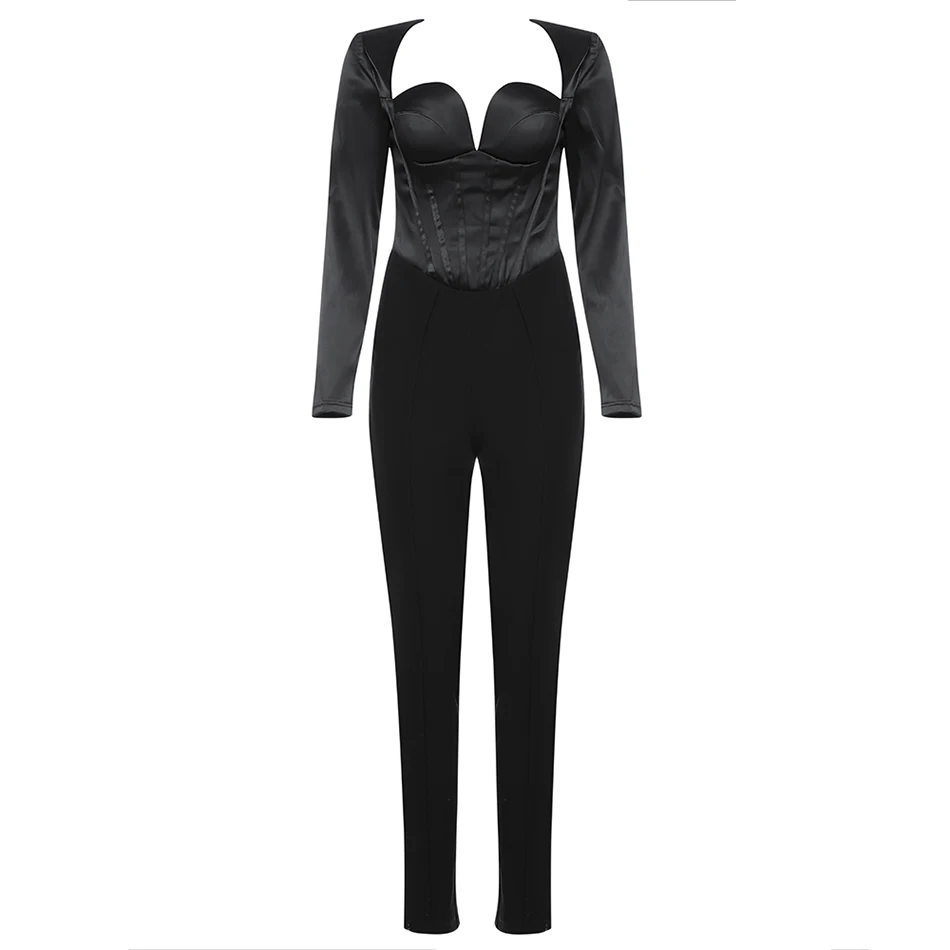 

High Quality Design Sexy Stitching Female Corset Bodysuit Trousers Long Sleeves V-Neck Hollow Open Back Summer New Style