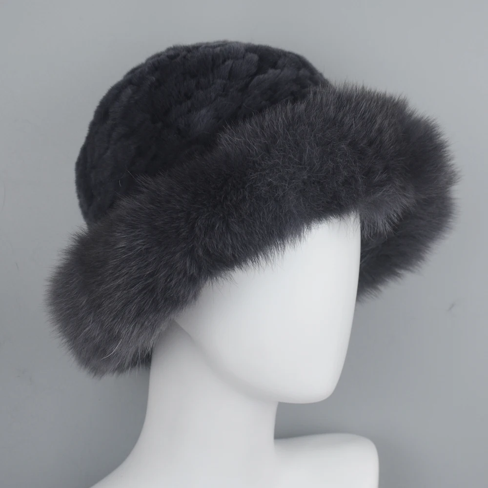 

Winter Hot Sale Warm Women Knitted Real Natural Fox Fur Hat Bowler Solid Rex Rabbit Fur Caps Beanies Lady Real Fur Hat Skullies