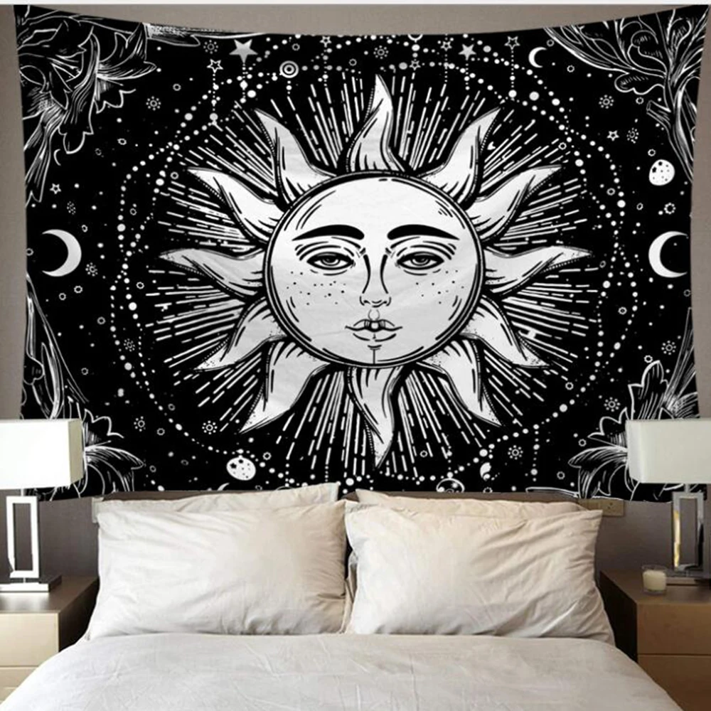 

Tapestry White Black Sun Moon Mandala Tarot Tapestries Wall Hanging Celestial Hippie Wall Carpet Rugs Dorm Decor 6M LED Light