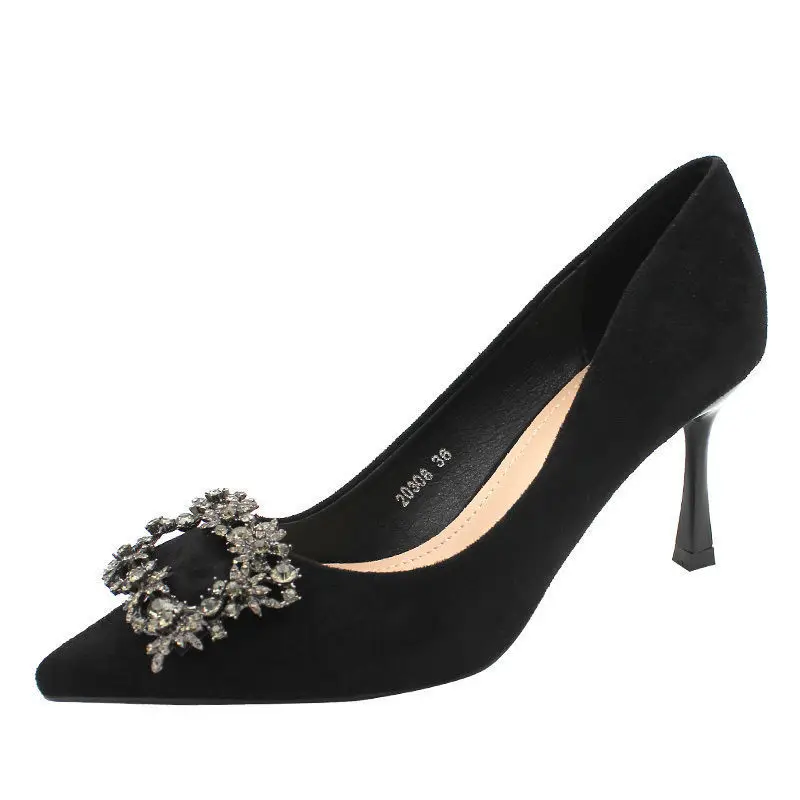 

Ladies High Heels Stiletto Heel 2021 New All-match All-match Pointed Suede Women's Shoes Sexy Rhinestone Girl Mid-heel Shoes