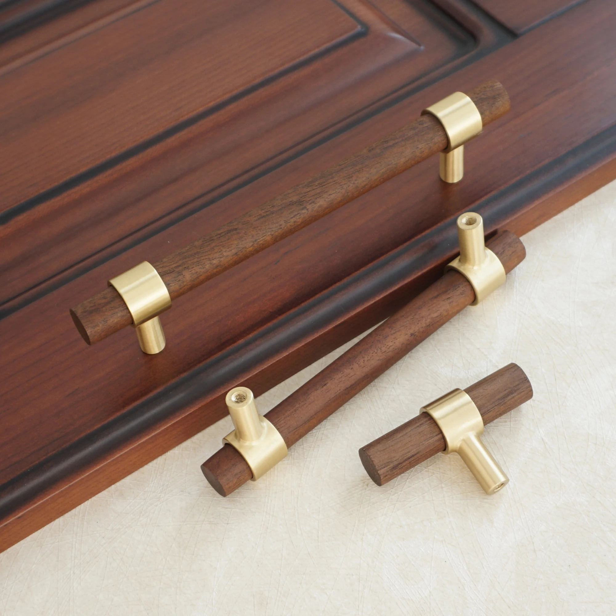 

4" 5" Wooden Drawer Handle Copper Door Handles T BAR Knob Kitchen Cabinet Knobs Black Walnut Wardrobe Closet Handle 102 128mm