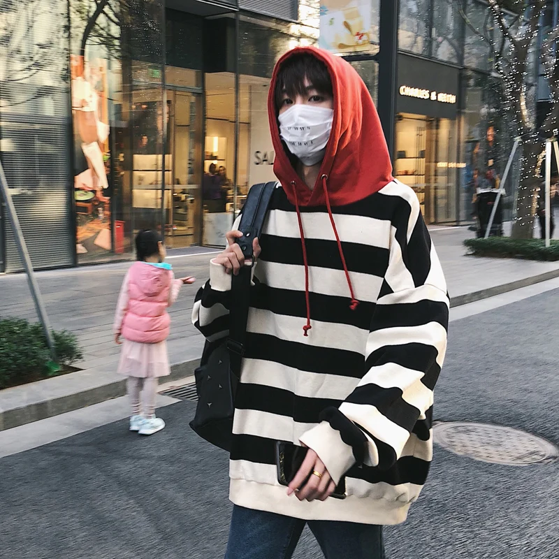 Мужские пуловеры в полоску Свободные повседневные толстовки с капюшоном стиле