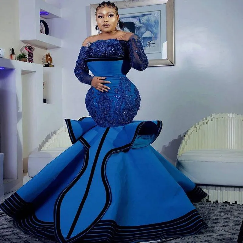 

Gorgeous Navy Blue Evening Dresses Long Sleeves robe de soiree See Thru Appliques Beaded Mermaid Aso Ebi Prom Dress Party Gowns