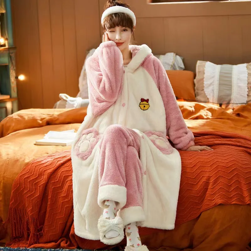 Women Winter Pajamas Set Thick Warm Sweet Cute Long-Sleeved Trousers Sleepwear Casual Loose Home Clothing Female