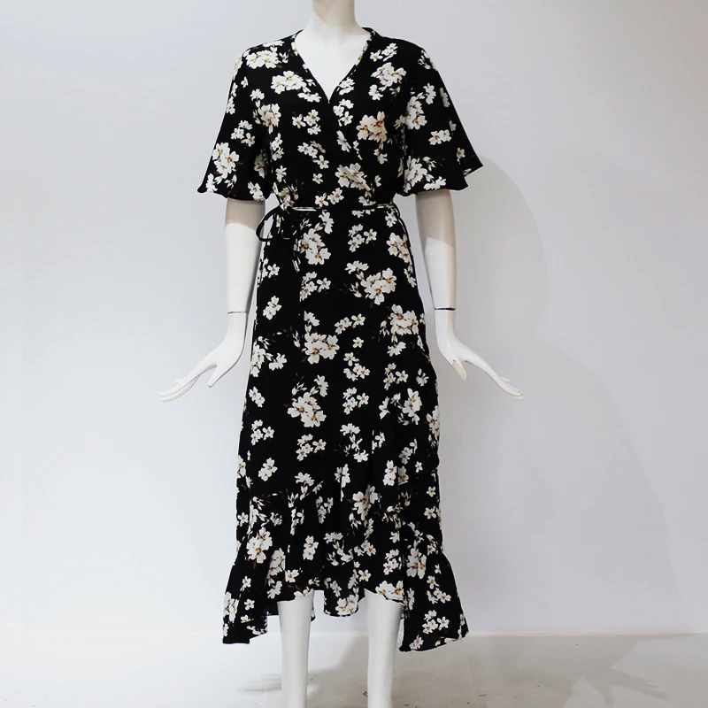 

2020 Summer Dress Women Floral Print Ruffles Long Chiffon Dress Boho Style Beach Sundress Short Sleeve Wrapped Maxi Party Dress