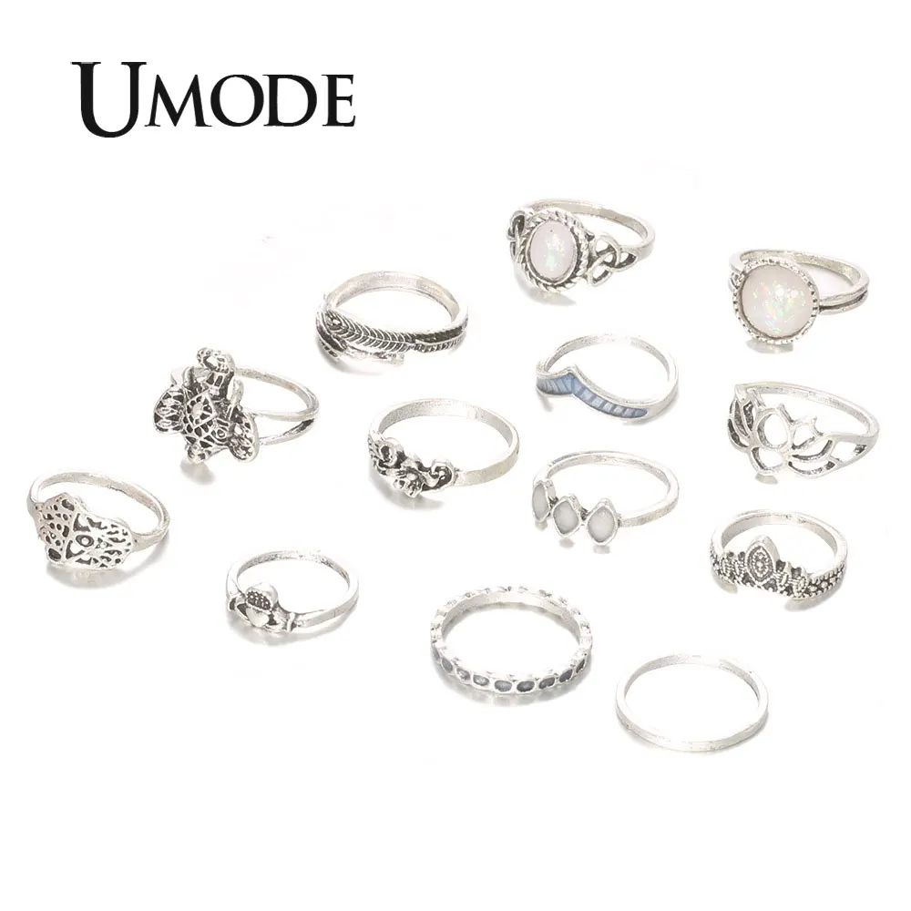 UMODE, 11 шт., бохо, Винтаж, черный цветок лотоса, набор колец, кольца для женщин, ювелирные изделия, аксессуары, опт, много, оптом, PR0219