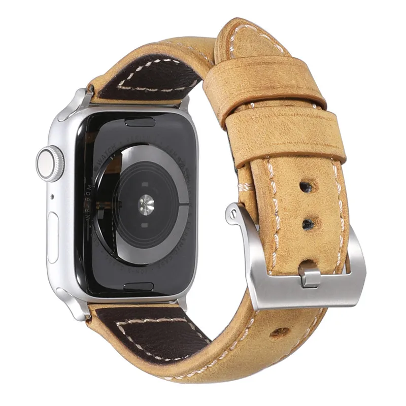 Ремешок для часов Iwatch, серебристый, черный, ремешок для наручных часов ручной работы, браслет из натуральной кожи для Iwatch, 38 мм, 40 мм, 42 мм, 44 мм - Цвет ремешка: Light Brown-Silver