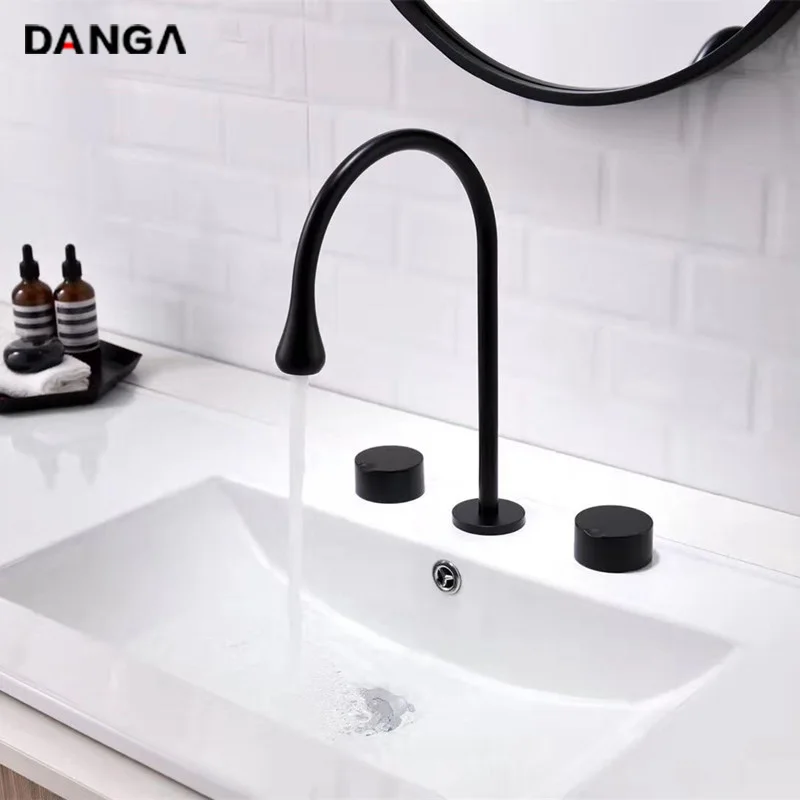 

Brass Basin Faucets Bathroom Tap Black Sink Mixer Widespread Double-handle Three-hole Simple Faucet Hot and Cold Water Tap