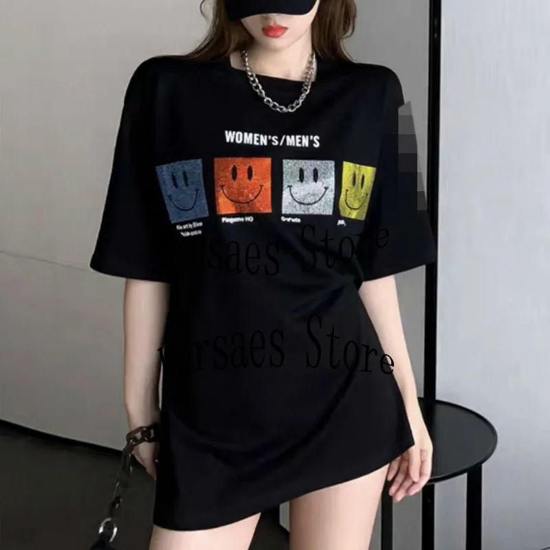 

Женская футболка с круглым вырезом, универсальная Свободная Повседневная футболка с роскошным брендовым принтом со стразами и улыбкой, 2021