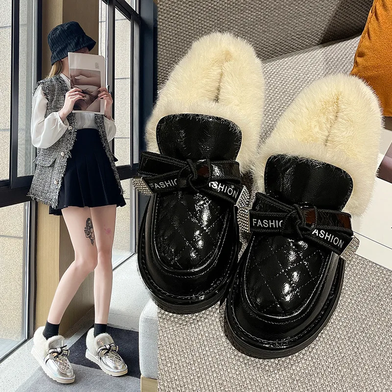 

Зимние ботинки, новинка, стразы, с бантом, на плоской подошве, модная Корейская версия, обувь для студентов Maomao из хлопка