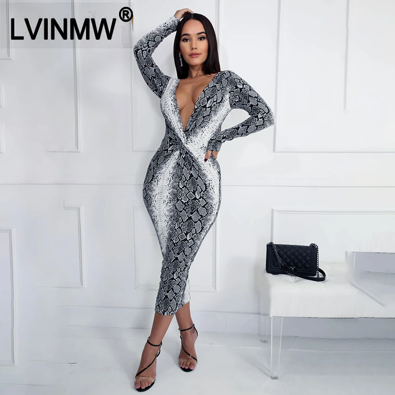 LVINMW облегающее платье со змеиным узором с v образным вырезом 2019 зимние женские
