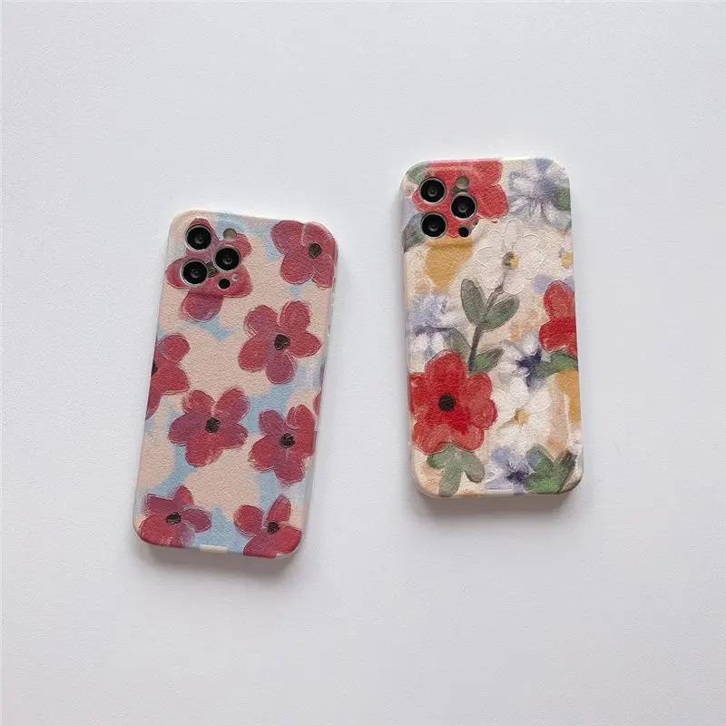 

Oil Painting Flowers leather Matte Soft Silicone Phone Case For iphone 11 12 Pro XR X XS Max 7 8 Plus Back Cover Capa Fundas